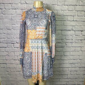 Boho Patchwork Print Long Sleeve Mini Dress – Size Small